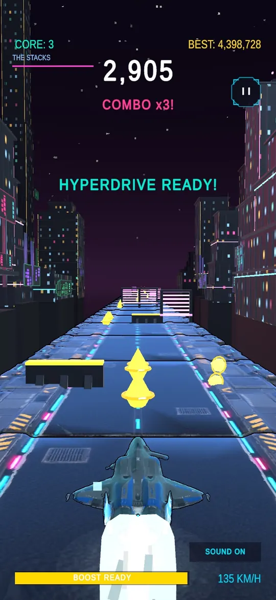Arcvelox gameplay: a jet weaving between neon city towers with the combo counter on screen